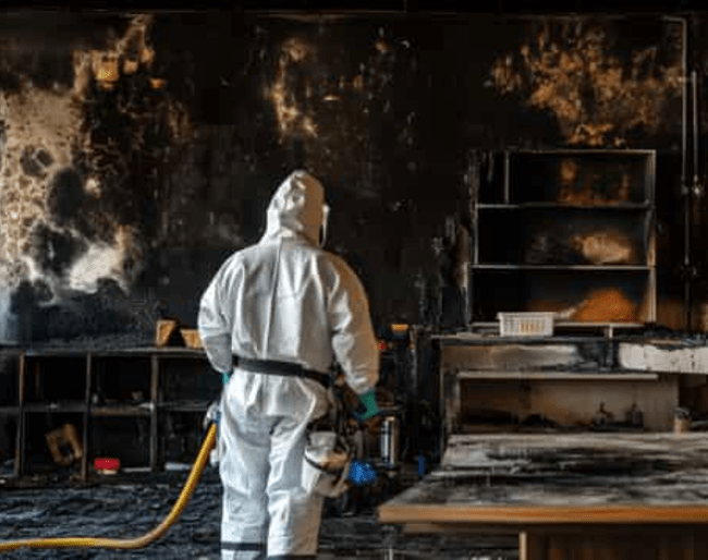 expert en combinaison dans un lieu sinistré